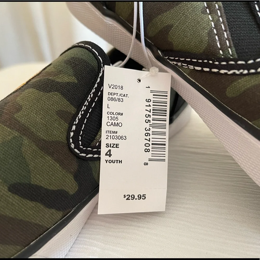 Boy slip on sneakers, olive and black camouflage with patches